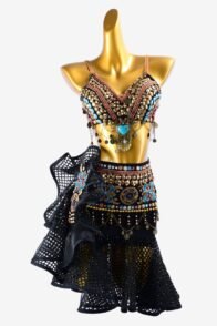Black mysterious retro Latin dress with fishnet skirt, bronze metal decoration & embroidery pattern
