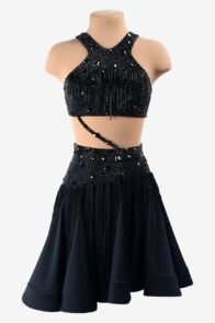 Black matt lycra Latin dress with beaded fringe, tassels, crystals & sew-on stones