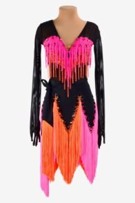 Black mesh Latin dress with stone fringes, rhinestone, sew-on stones & orangered mix pink fringes