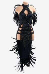 Black matt lycra Latin dress with rhinestones, beaded fringes & feathers