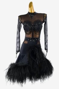Black mesh Latin dress with ruffle fishbone underskirt, beadings, black rhinestone & sew-on stones