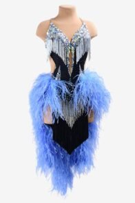 Black matt lycra Latin dress with AB sew-on stones, silver beaded fringes, black fringes & blue feathers