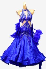 Mediumblue matt lycra Standard dress with satin chiffon underskirts, crystals and feathers