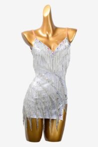 White dot shine lycra Latin dress with beaded fringes, AB crystals & sew-on stones