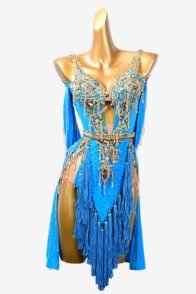 Bailebelle Fashion Custom Dark blue matt lycra Latin dress with tassels, rhinestones, gold beadings & beaded fringes