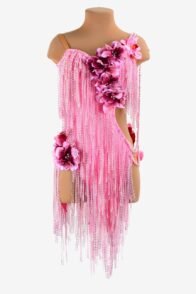 Pink matt lycra Latin dress with crystal fishnet fringes, rhinestone & flower appliques