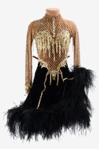 Fleshtone crystal fishnet Latin dress with black underskirt & feathers, gold beaded fringes & lace appliqués
