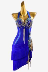 Mediumblue mesh Latin dress with gold chains, crystal appliqués , rhinestones & fringes