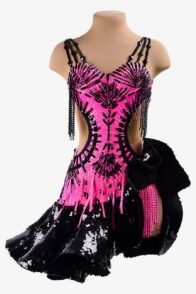 Lycramagenta Latin dress with  black sequin ruffle fishbone underskirt, stone fringes, rhinestone & sew-on stones