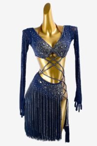 Midnightblue mesh Latin dress with stone fringes, fringes, slategray crystals & sew-on stones