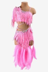 Pink lustre lycra Latin dress with stone fringes, feathers, AB crystals & sew-on stones