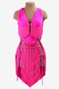 Phosphor powder lycra Latin dress with beadings, fringes, crystals & sew-on stones