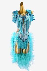 Sky blue lycra and fleshtone mesh Latin dress with crystal AB, rhinestone appliqués , feathers & stone fringes