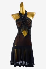 Black mesh Latin dress with beaded fringes, beaddings, rhinestones & sew-on stones