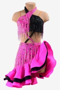 Phosphor & black matt lycra Latin dress with beaded fringes, crystal AB & sew-on stones