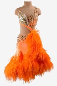 Vitality orange Latin dress with gold mirror stones, beadings, feathers, AB stones & sew-on crystals