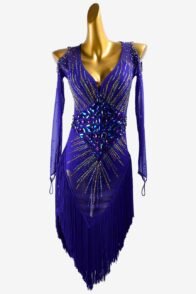 Violet orchid mesh long sleeves and off-shoulder Latin dress with fringes, AB sew-on stone & crystals