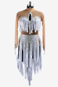 White & metallic lycra Latin dress with fleshtone mesh body, stone fringes & AB crystals