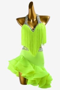 Light lime green matt lycra Latin dress with fringes, AB stones & sew-on crystals