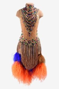 Fleshtone lycra Latin dress with stone fringes, colorful feathers, fringes, rhinestones & sew-on stones