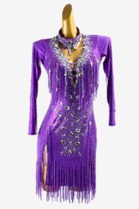 Blue violet metallic lycra Latin dress with stone fringes, lace appliqués, white crystals & sew-on stones