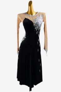 Black Latin dress with fleshtone mesh sleeves, beadings, flower appliques, AB crystals & sew-on stones