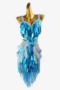 Sky blue Latin dress with sequins, stone fringes, silver beaded fringes, AB crystals & sew-on stones
