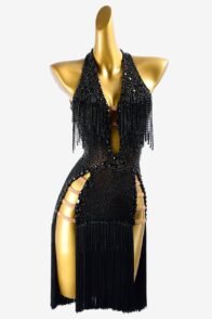 Black mesh Latin dress with crystal fishnet underskirt, beaded fringes, rhinestones & fringes