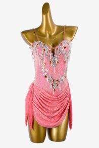Palecioletred matt lycra Latin dress with white beadings, rhinestone, fringes & gold sew-on stones