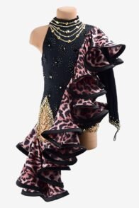 Black matt lycra Latin dress with leopard print draping ruffle, black crystals & gold sew-on rhinestones