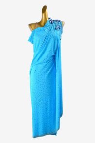 Turq matt lycra draping & ruching Latin dress with fleshtone body, beadings, rhinestones & sew-on stones