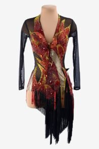Black mesh Latin dress with rhinestone applique, beaded fringes, fringes & red crystals