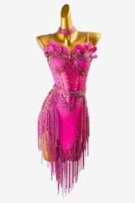 Phosphor Latin dress with rhinestone applique, stone fringes, beadings, crystals & sew-on stones