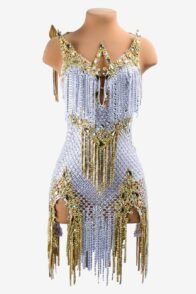 White lustre lycra Latin dress with crystal fishnet, gold rhinestone appliqués, stone fringes, AB crystals & sew-on stones