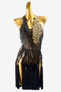 Fleshtone lycra Latin dress with black fishnet, stone fringes, fringes, crystals, sequins & gold stone string