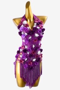 Brilliant violet lycra Latin dress with stone fringes, silver crystals & flower appliques