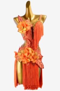 Bailebelle Fashion Personalized Orange matt lycra Latin dress with fringes, flower appliques, crystals & sew-on stones