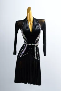 Black Mesh & Smooth Velvet Long Sleeves Latin Dress