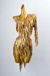Golden Sequin Fringe Latin Dance Dress with Asymmetric Design