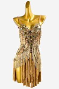 Gold Dot Shine Lycra Latin Dress with Tassels, Mirror Stones, Crystal AB, and Beaded Fringes