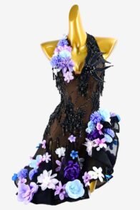 Black Mesh Latin Dress with Ruffle Fishbone Skirt, Beadings, Crystals, and Flower Appliqué