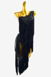 Bailebelle Fashion Black lycra Latin dress with rhinestones, crystal lace appliqués & black fringes