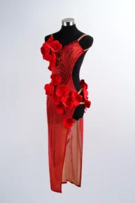 Latin Dance Stage Performance Dress with Big Red Flower Hanging Ornaments