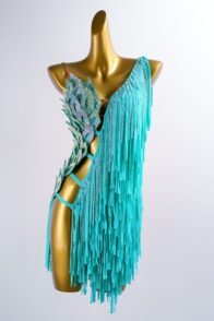 Aqua Asymmetrical Crystal Fringe Latin Dance Dress