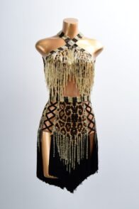 Leopard Print & Gold Beaded Fringe Latin Dress