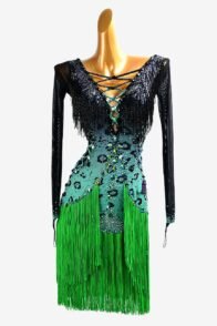 Black shaded mediumaqumaarine Leopard Latin dress with black beaded fringe, AB stones and green fringes