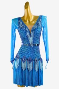 Deep Sky Blue Crystal Fishnet Latin Dress with Mesh Sleeves, Beaded Fringe, and Fringe Underskirts