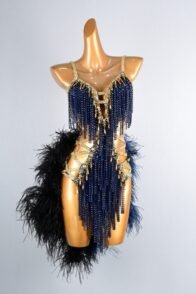 Blue & Black Latin Dress with Beaded Fringe, Tassels, Feathers, and Rhinestones
