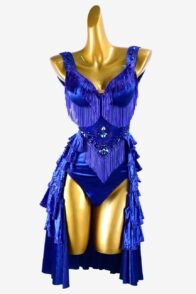 Mediumblue stretch velvet Latin dress with beaded fringe, rhinestones & AB sew-on stones