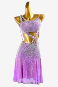 Purple stretch mesh Latin Dress with crystal AB full & sew-on stones
